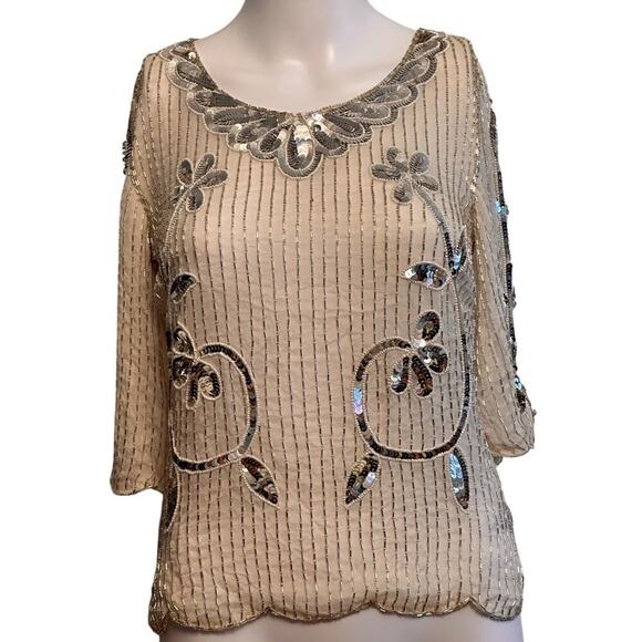 Vintage 60s Ivory Sequin Floral Beaded Silk Top Sz M 3/4 Sleeve Scalloped Beaded - Picture 1 of 16